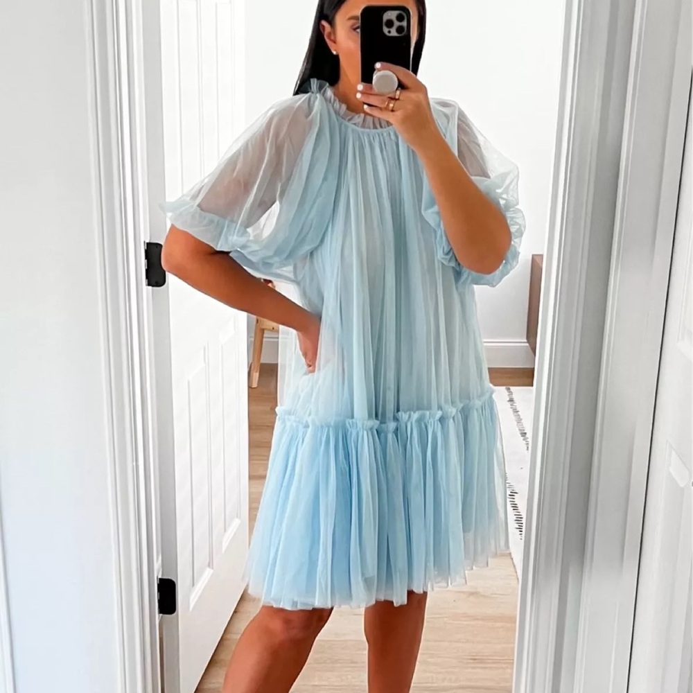 Aura light blue ruffle tulle puff sleeve mini dress Size XS
